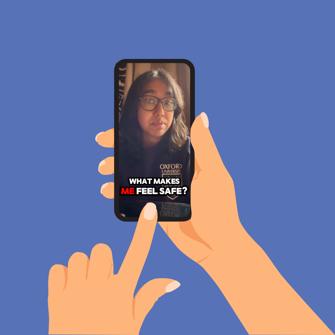 Illustration of hands holding a phone with Project Unloaded social content displayed