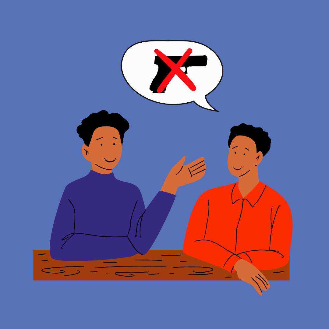 Illustration of two individuals talking with a speech bubble above showing a gun that has been crossed out